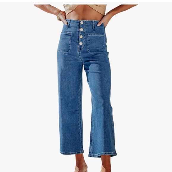 Classic Blue High-Waisted Women Wide Leg Crop Jeans - Picture 4 of 4